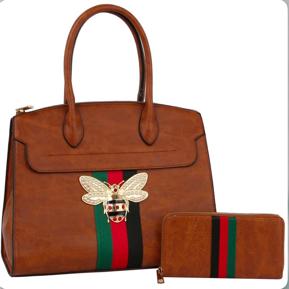 Brown and Green Satchel with Enamel Bee Detail